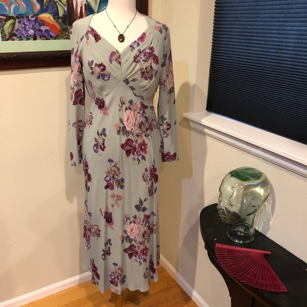 1990's Carole Little Rayon Floral 30's Inspired Pale Green Soft Bias Dress - M